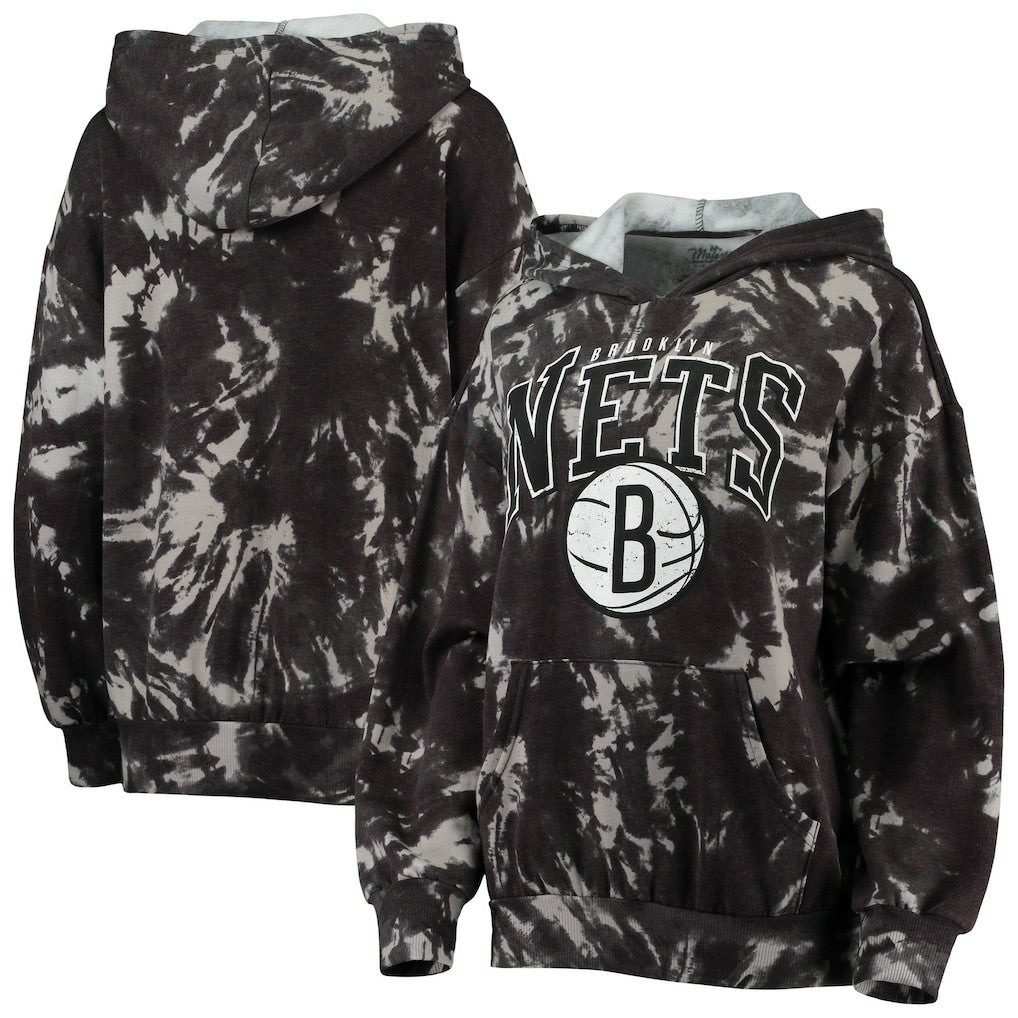 Brooklyn Nets Majestic Threads Women's Burble Tie-Dye Tri-Blend Pullover Hoodie Black - NBA