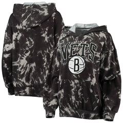 Brooklyn Nets Majestic Threads Women's Burble Tie-Dye Tri-Blend Pullover Hoodie Black - NBA