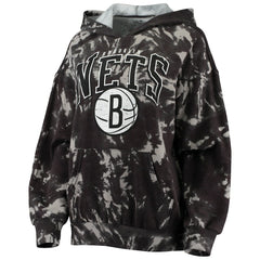 Brooklyn Nets Majestic Threads Women's Burble Tie-Dye Tri-Blend Pullover Hoodie Black - NBA