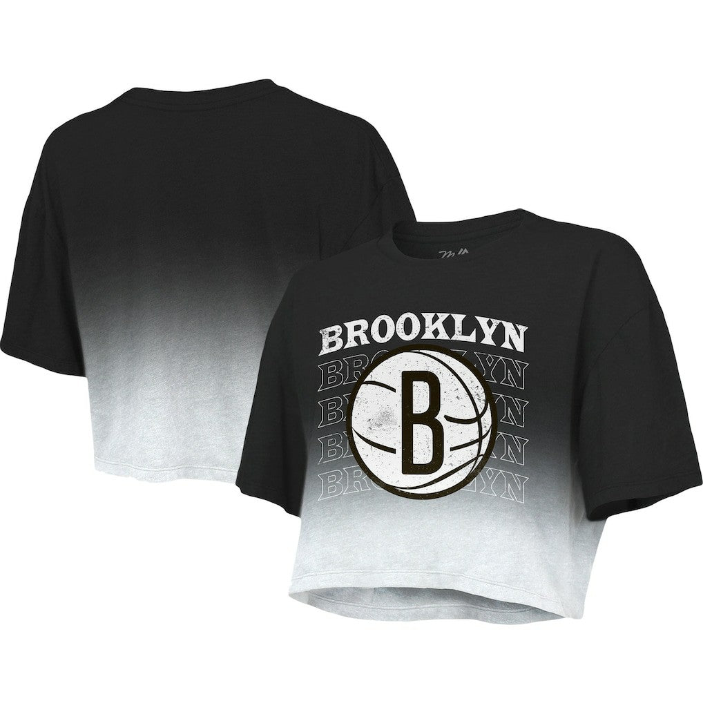 Brooklyn Nets Majestic Threads Women's Repeat Dip-Dye Cropped T-Shirt Black/White - NBA