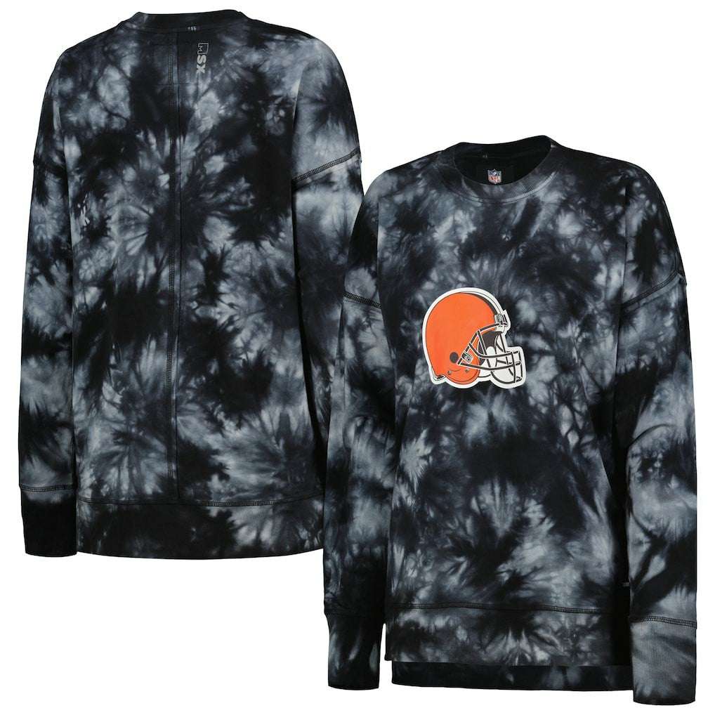 Cleveland Browns MSX by Michael Strahan Women's Bailey Tie-Dye Tri-Blend Pullover Sweatshirt Black | NFL