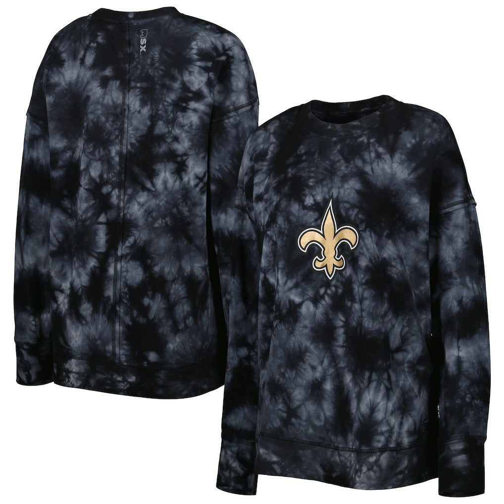 New Orleans Saints MSX by Michael Strahan Women's Bailey Tie-Dye Tri-Blend Pullover Sweatshirt Black | NFL