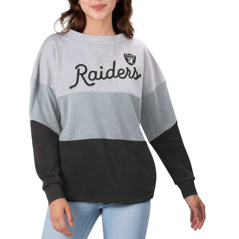 Las Vegas Raiders Touch Women's Outfield Deep V-Back Waist Length Pullover Sweatshirt Heather Gray/Black | NFL