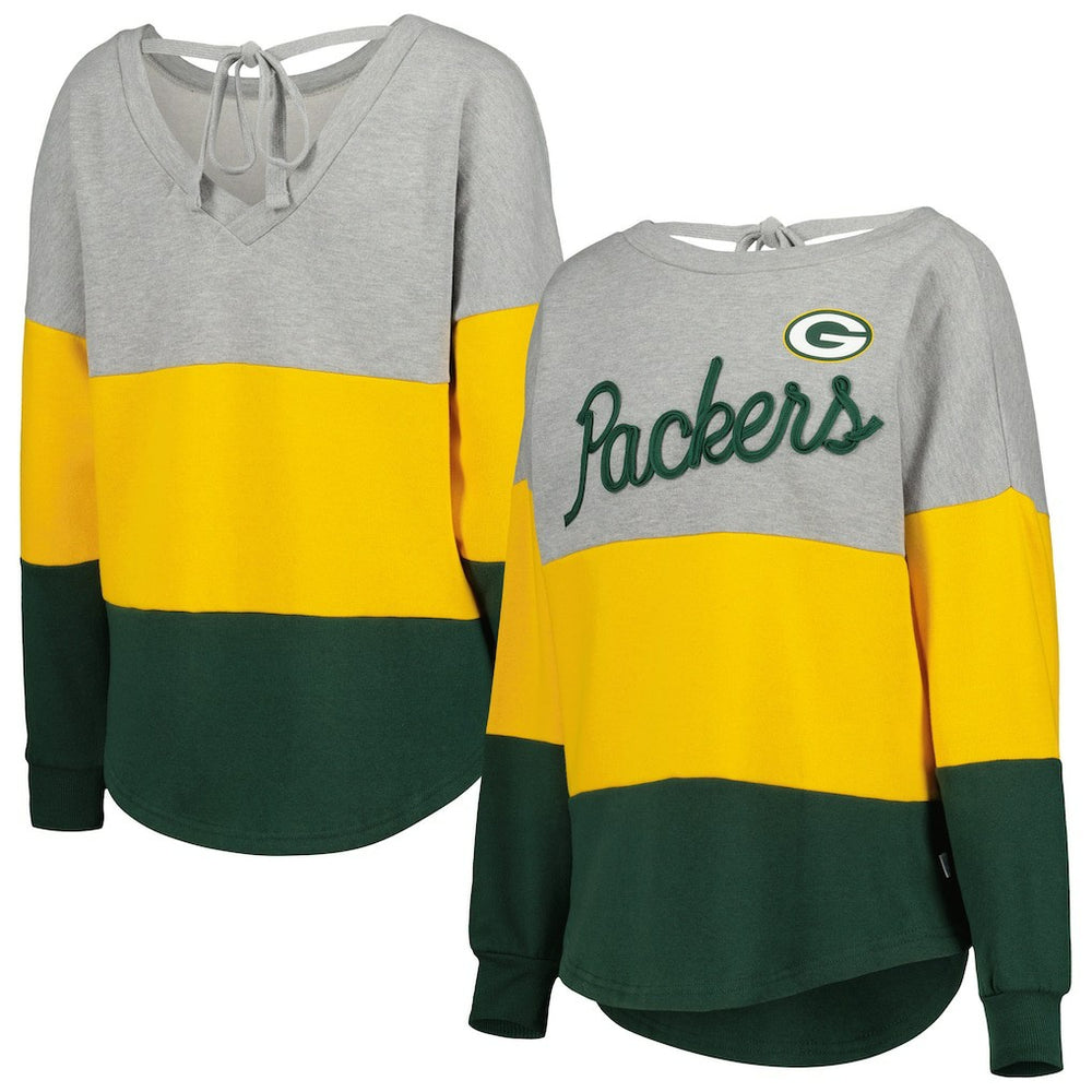Green Bay Packers Touch Women's Outfield Deep V-Back Waist Length Pullover Sweatshirt Heather Gray/Green | NFL