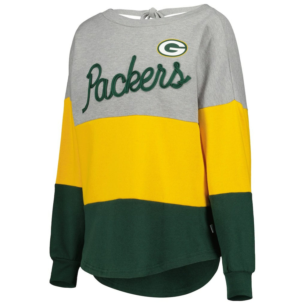 Green Bay Packers Touch Women's Outfield Deep V-Back Waist Length Pullover Sweatshirt Heather Gray/Green | NFL
