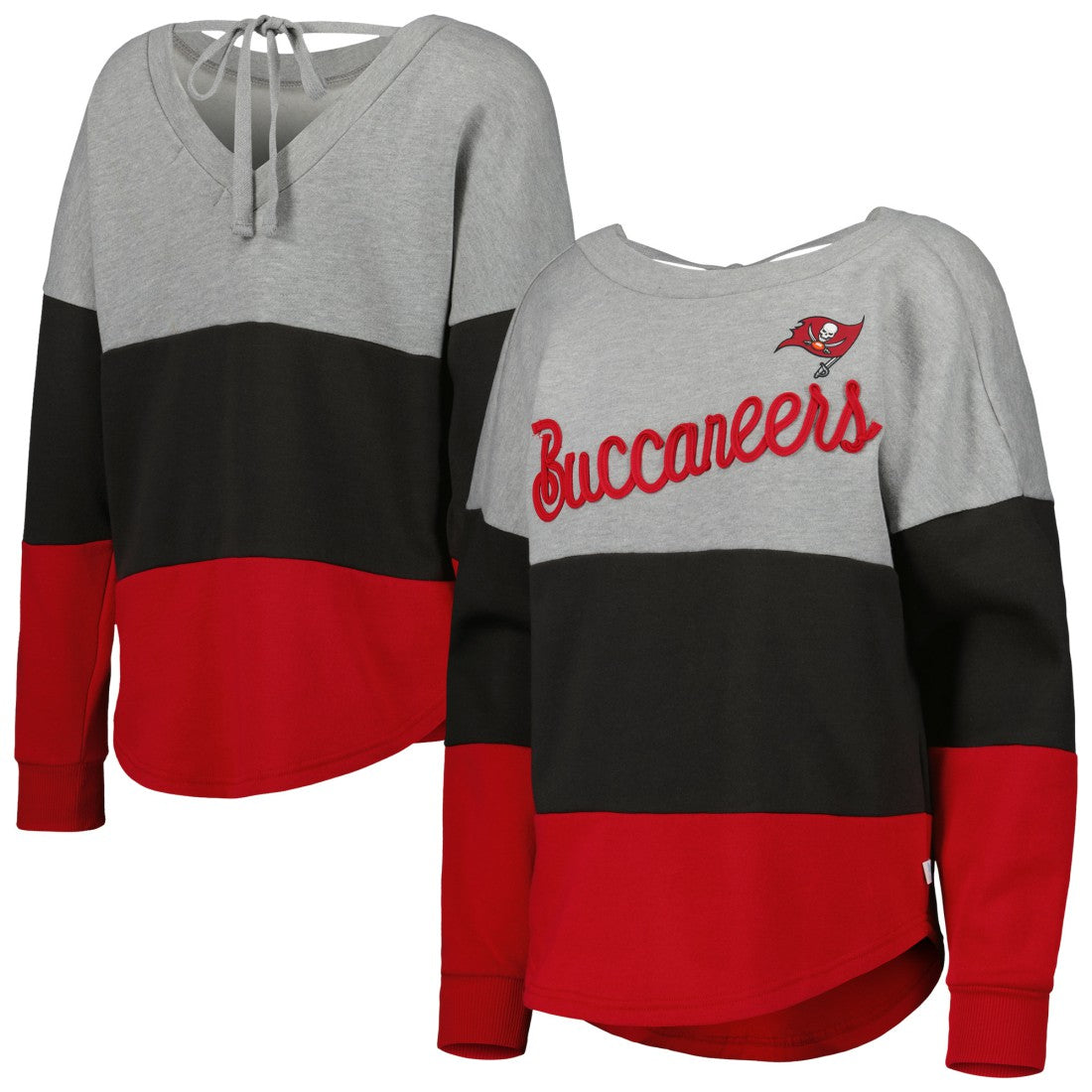 Tampa Bay Buccaneers Touch Women's Outfield Deep V-Back Waist Length Pullover Sweatshirt Heather Gray/Red | NFL