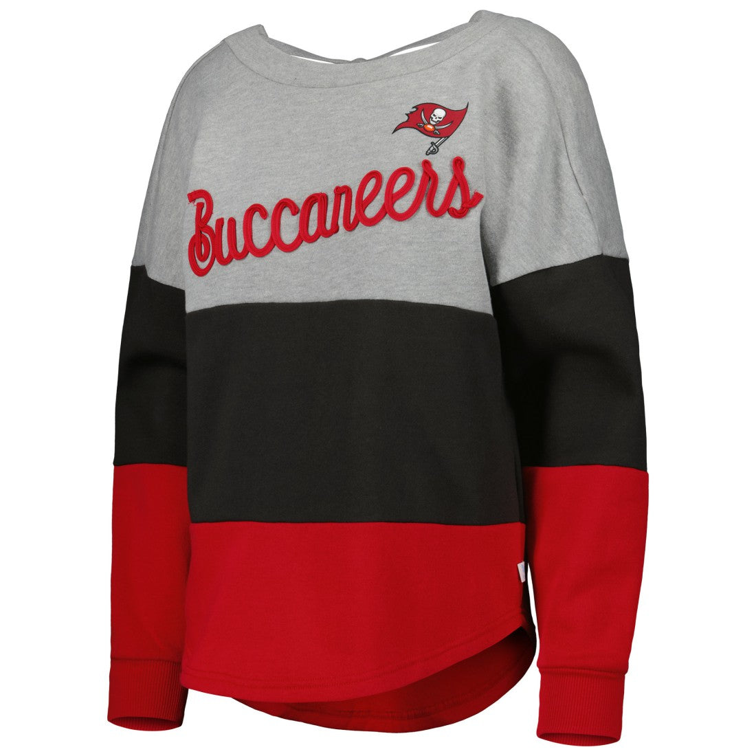 Tampa Bay Buccaneers Touch Women's Outfield Deep V-Back Waist Length Pullover Sweatshirt Heather Gray/Red | NFL