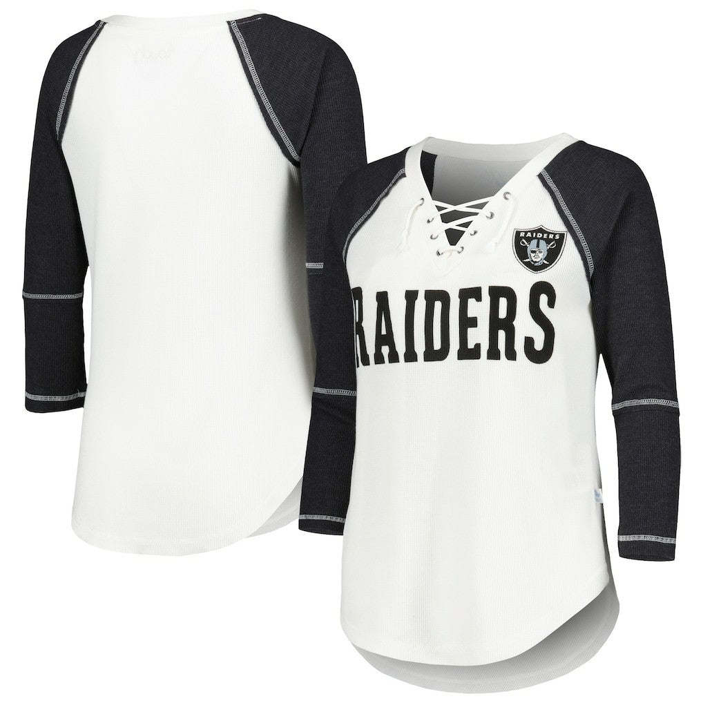 Las Vegas Raiders Touch Women's Rebel Raglan Tri-Blend 3/4-Sleeve Lace-Up V-Neck T-Shirt White/Black | NFL