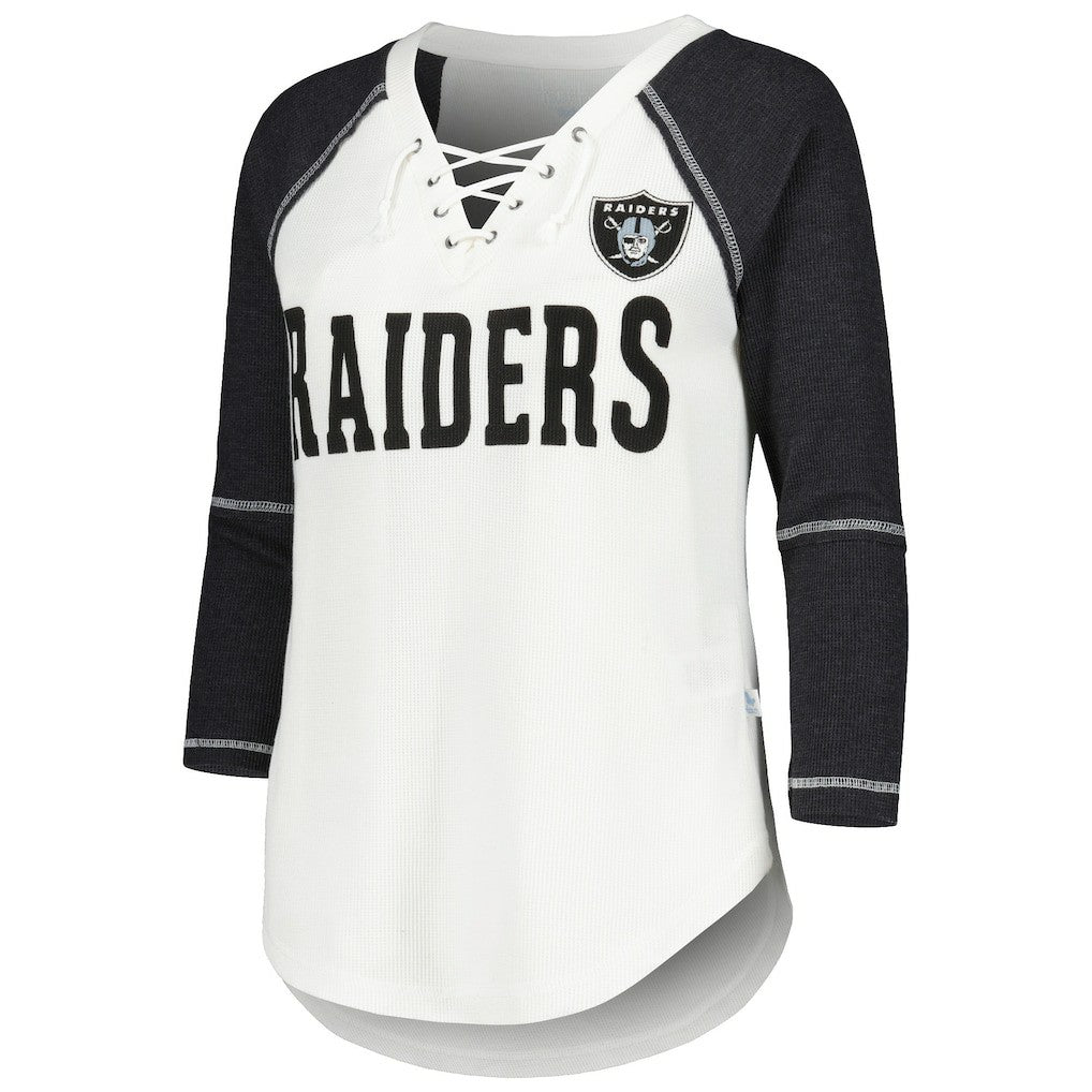 Las Vegas Raiders Touch Women's Rebel Raglan Tri-Blend 3/4-Sleeve Lace-Up V-Neck T-Shirt White/Black | NFL