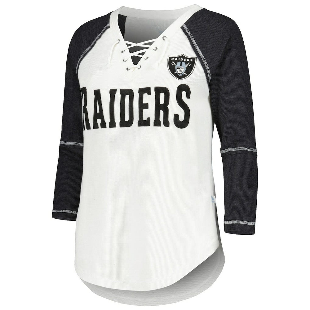 Las Vegas Raiders Touch Women's Rebel Raglan Tri-Blend 3/4-Sleeve Lace-Up V-Neck T-Shirt White/Black | NFL