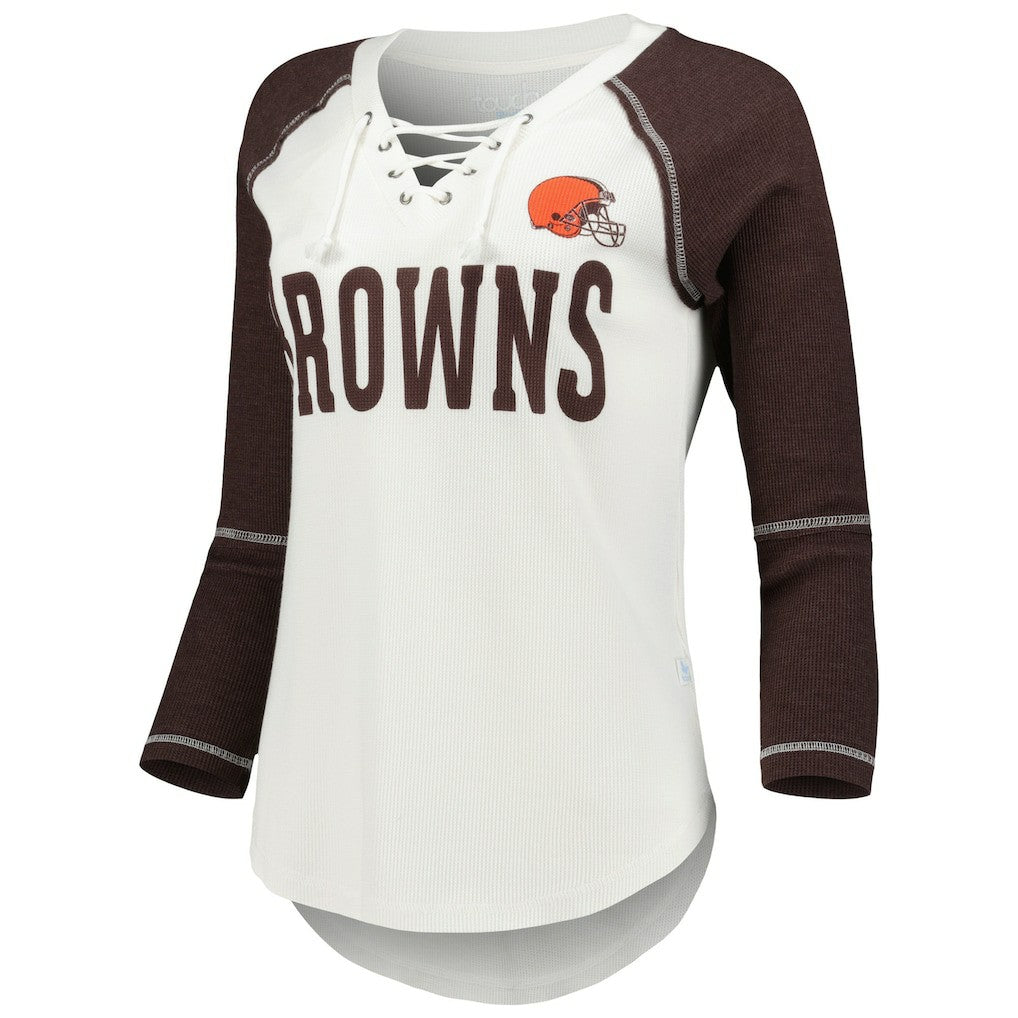 Cleveland Browns Touch Women's Rebel Raglan Tri-Blend 3/4-Sleeve Lace-Up V-Neck T-Shirt White/Brown | NFL