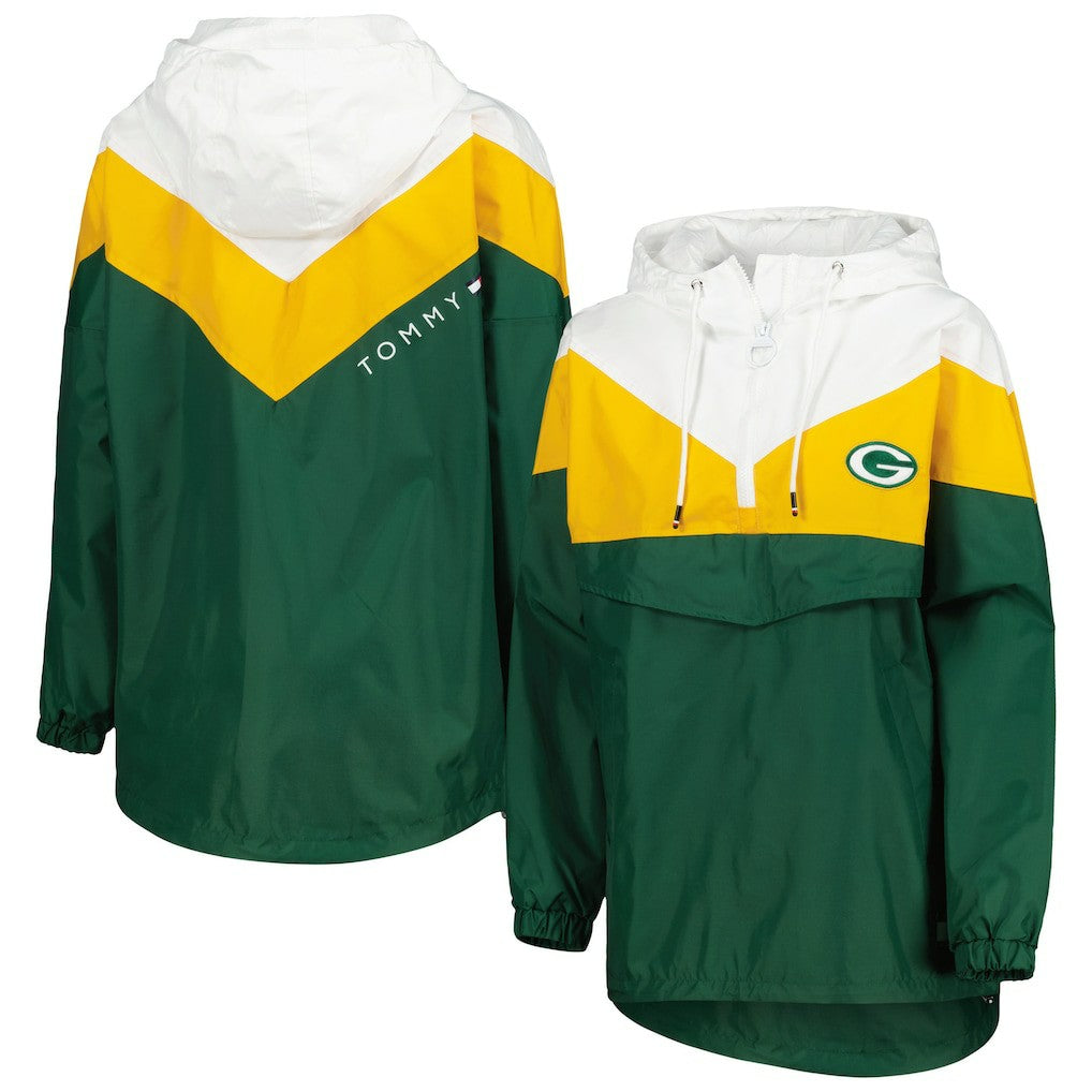 Green Bay Packers Tommy Hilfiger Women's Staci Half-Zip Hoodie Windbreaker Jacket White/Gold | NFL