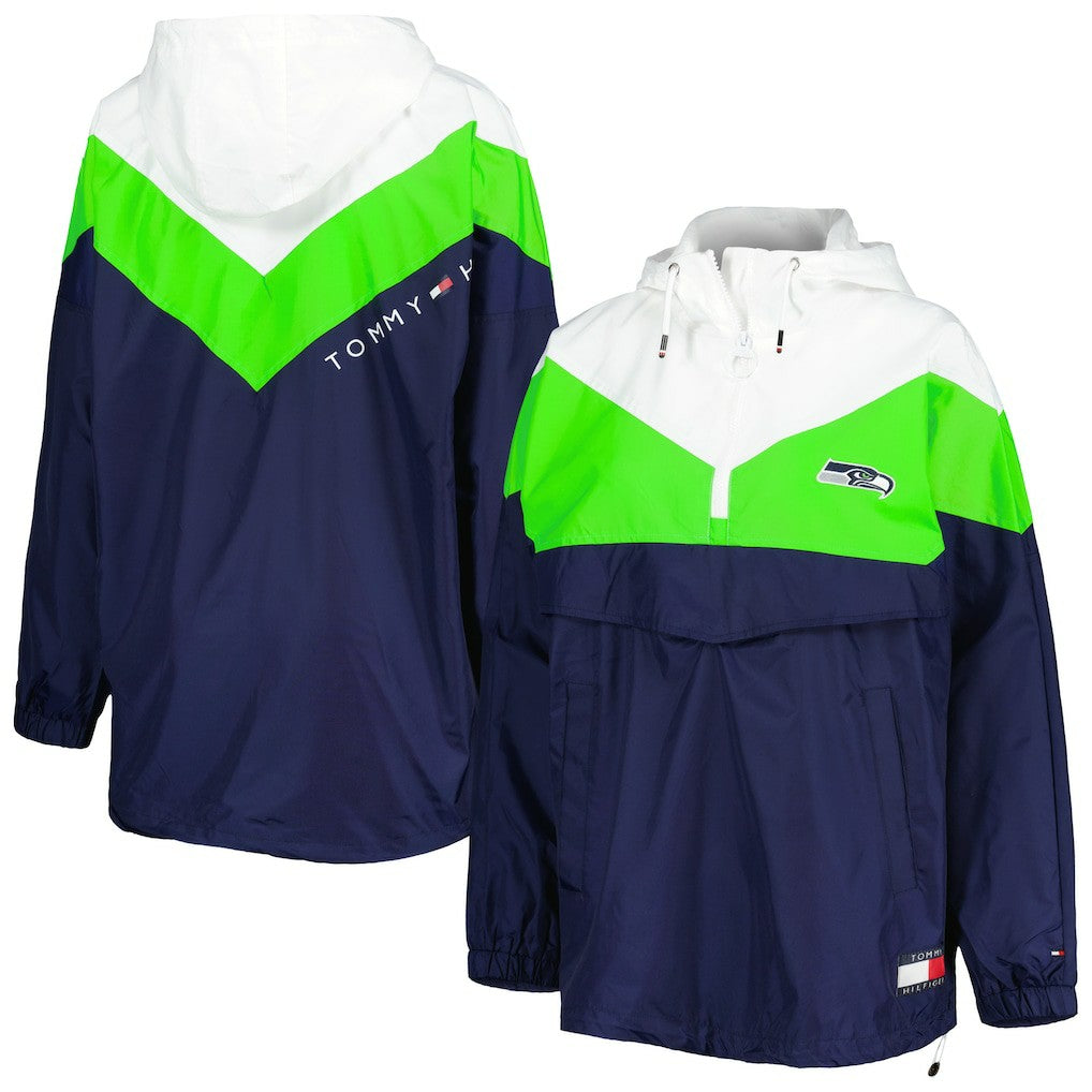 Seattle Seahawks Tommy Hilfiger Women's Staci Half-Zip Hoodie Windbreaker Jacket White/Neon Green | NFL