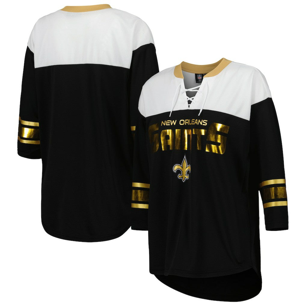 New Orleans Saints G-III 4Her by Carl Banks Women's Double Team 3/4-Sleeve Lace-Up T-Shirt Black/White | NFL