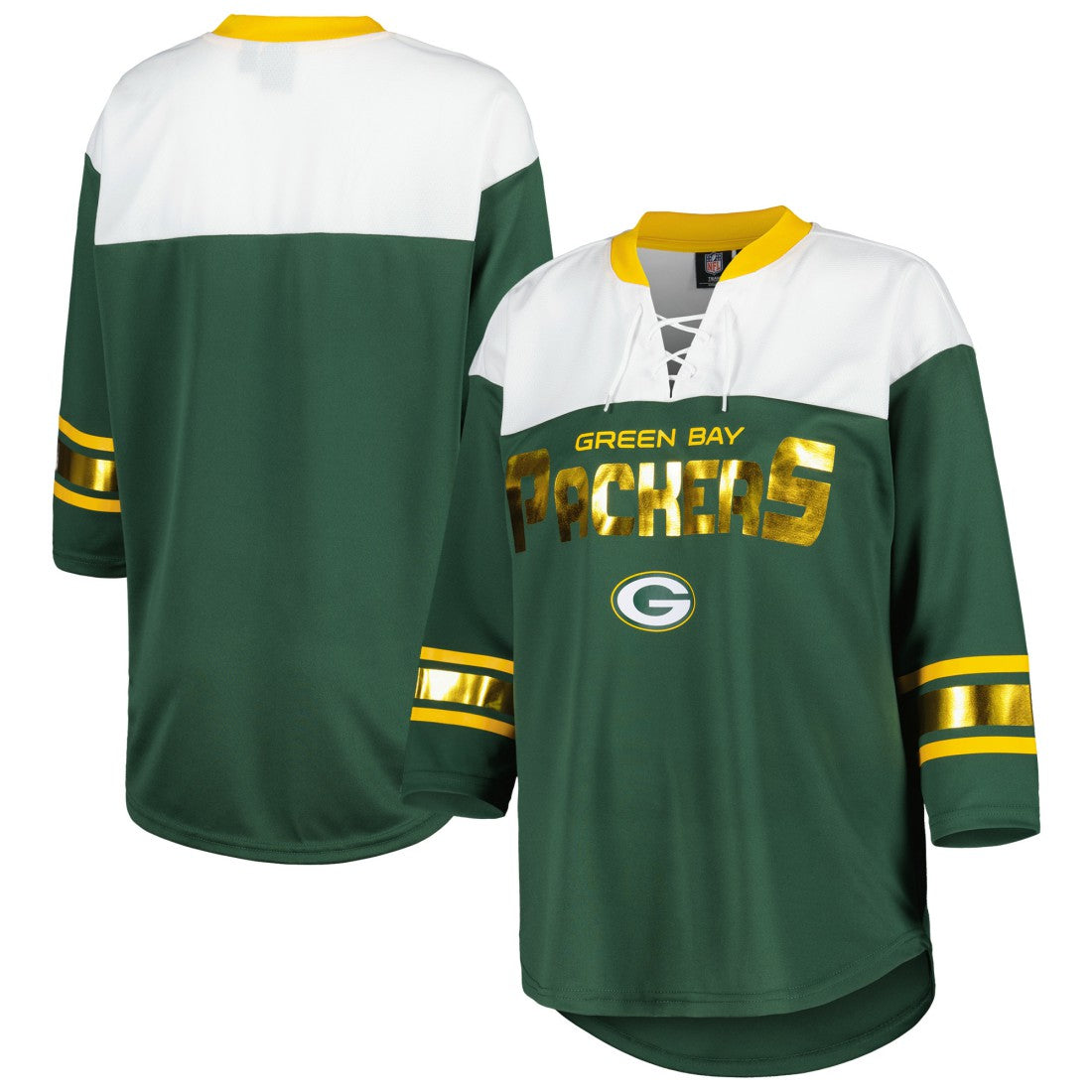 Green Bay Packers G-III 4Her by Carl Banks Women's Double Team 3/4-Sleeve Lace-Up T-Shirt Green/White | NFL