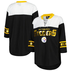 Pittsburgh Steelers G-III 4Her by Carl Banks Women's Double Team 3/4-Sleeve Lace-Up T-Shirt Black/White | NFL