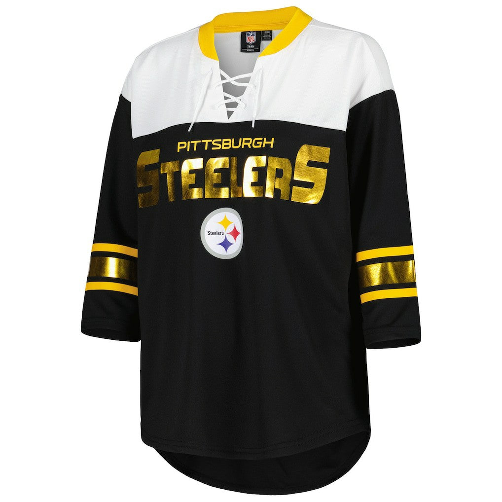 Pittsburgh Steelers G-III 4Her by Carl Banks Women's Double Team 3/4-Sleeve Lace-Up T-Shirt Black/White | NFL