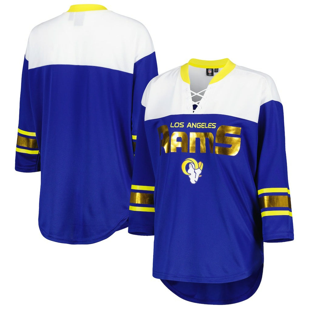 Los Angeles Rams G-III 4Her by Carl Banks Women's Double Team 3/4-Sleeve Lace-Up T-Shirt Royal/White | NFL