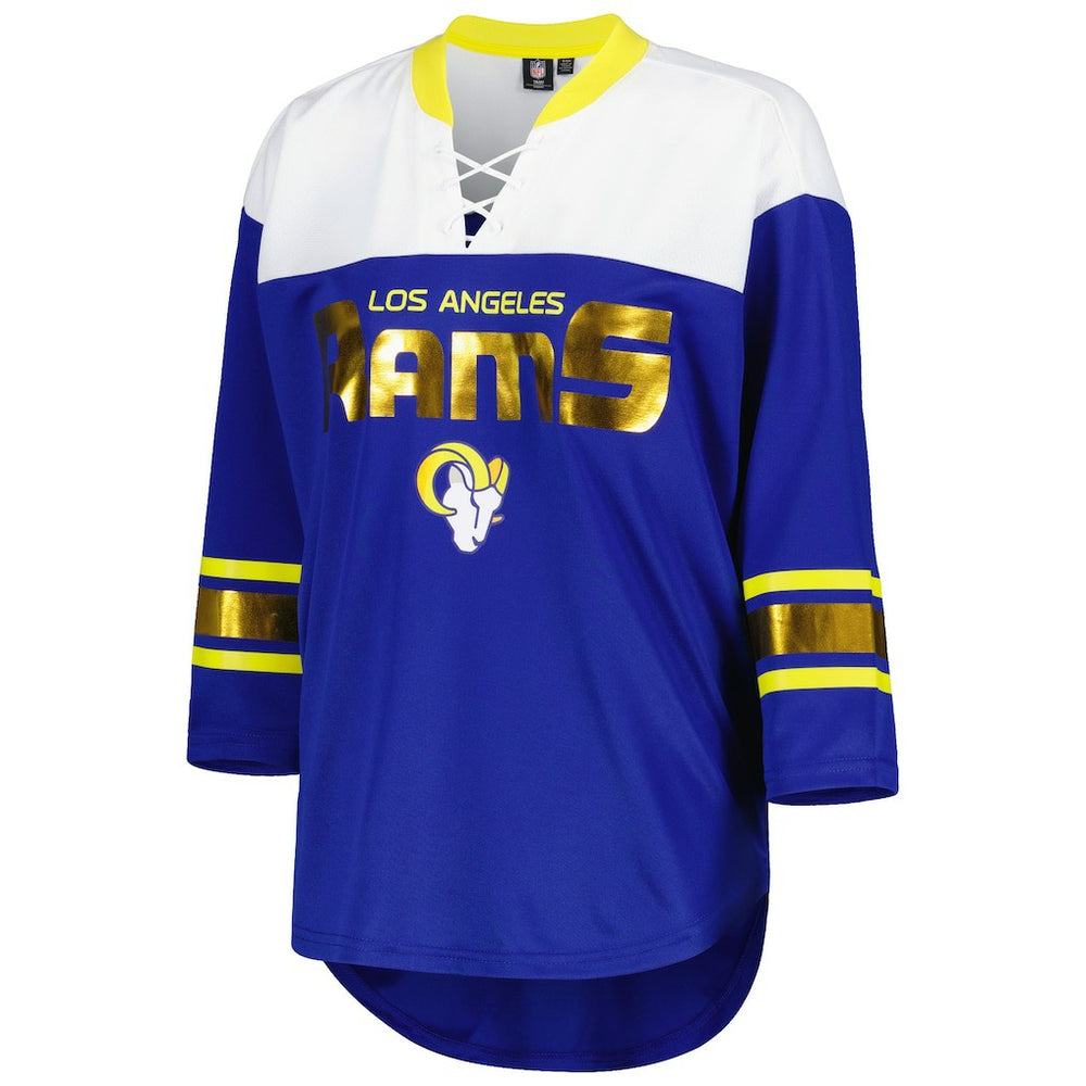 Los Angeles Rams G-III 4Her by Carl Banks Women's Double Team 3/4-Sleeve Lace-Up T-Shirt Royal/White | NFL