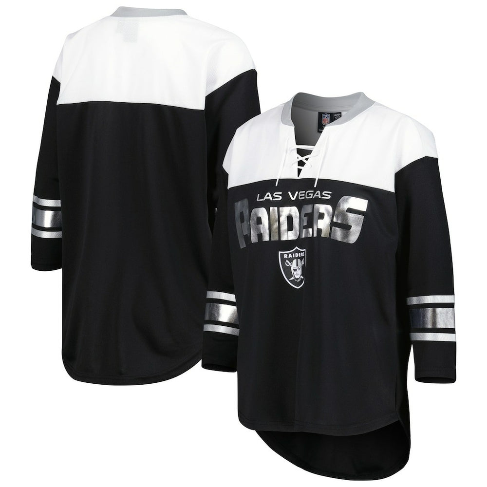 Las Vegas Raiders G-III 4Her by Carl Banks Women's Double Team 3/4-Sleeve Lace-Up T-Shirt Black/White | NFL