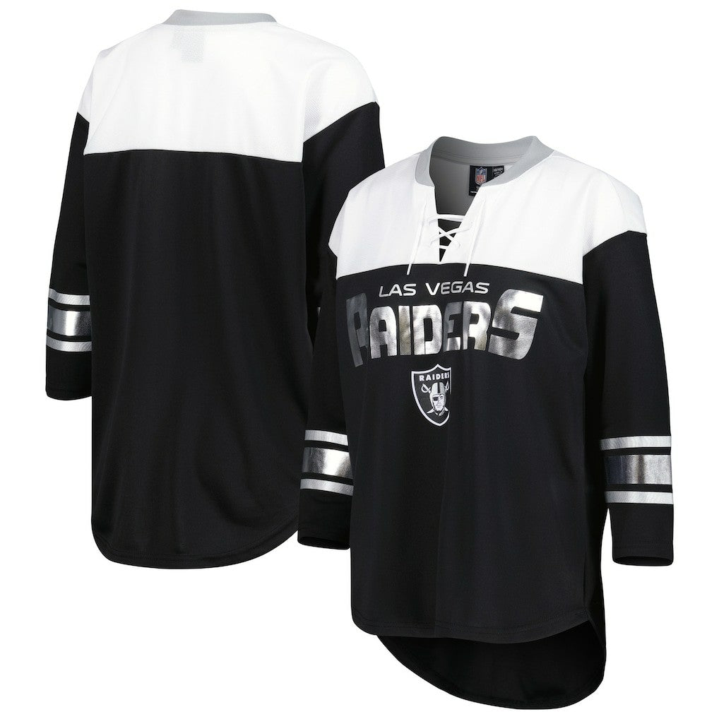 Las Vegas Raiders G-III 4Her by Carl Banks Women's Double Team 3/4-Sleeve Lace-Up T-Shirt Black/White | NFL