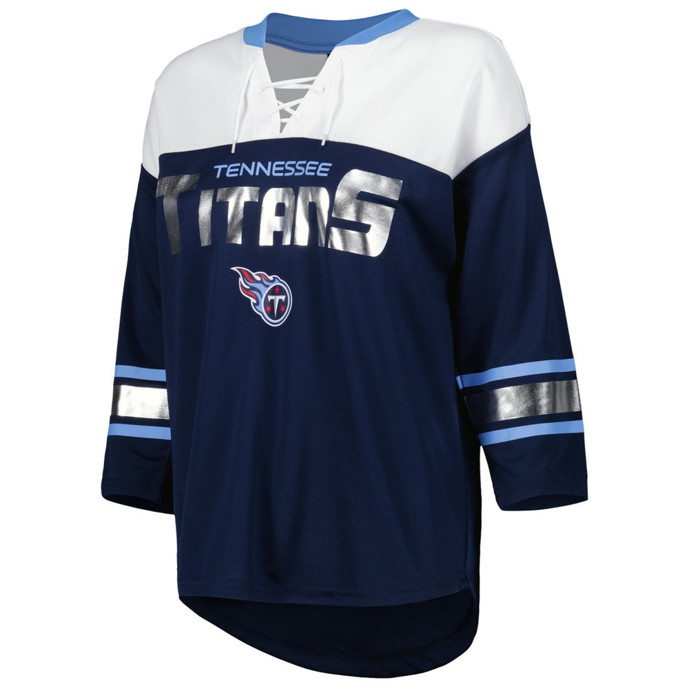 Tennessee Titans G-III 4Her by Carl Banks Women's Double Team 3/4-Sleeve Lace-Up T-Shirt Navy/White | NFL