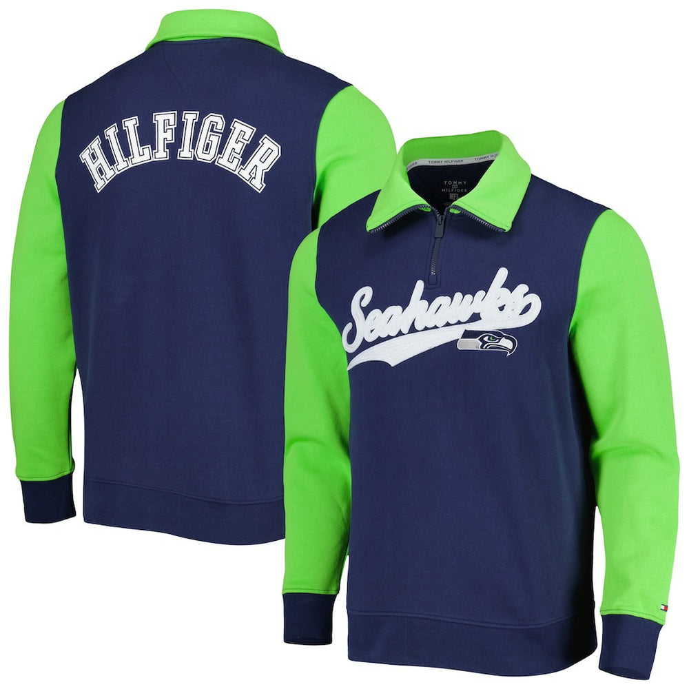 Seattle Seahawks Tommy Hilfiger Aiden Quarter-Zip Sweatshirt College Navy/Neon Green | NFL