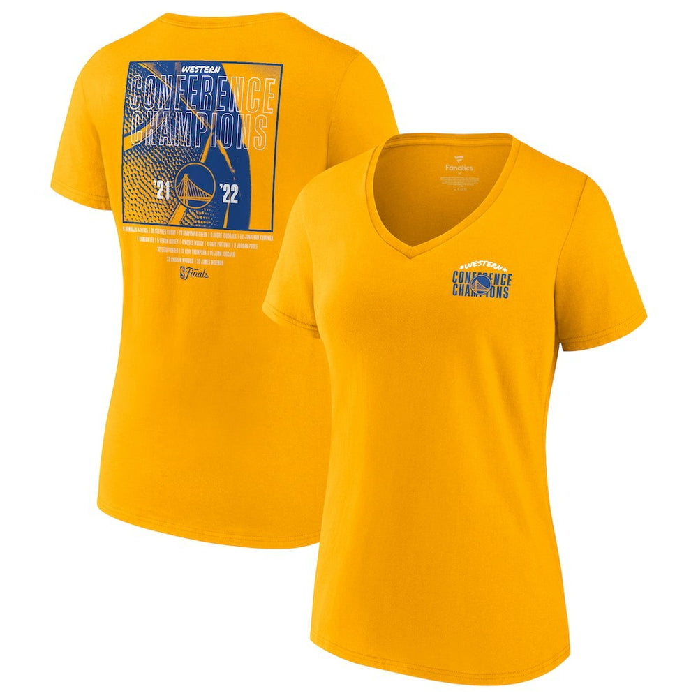 Golden State Warriors Women's 2022 Western Conference Champions Balanced Attack Roster V-Neck T-Shirt Gold - NBA