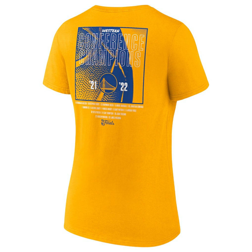 Golden State Warriors Women's 2022 Western Conference Champions Balanced Attack Roster V-Neck T-Shirt Gold - NBA