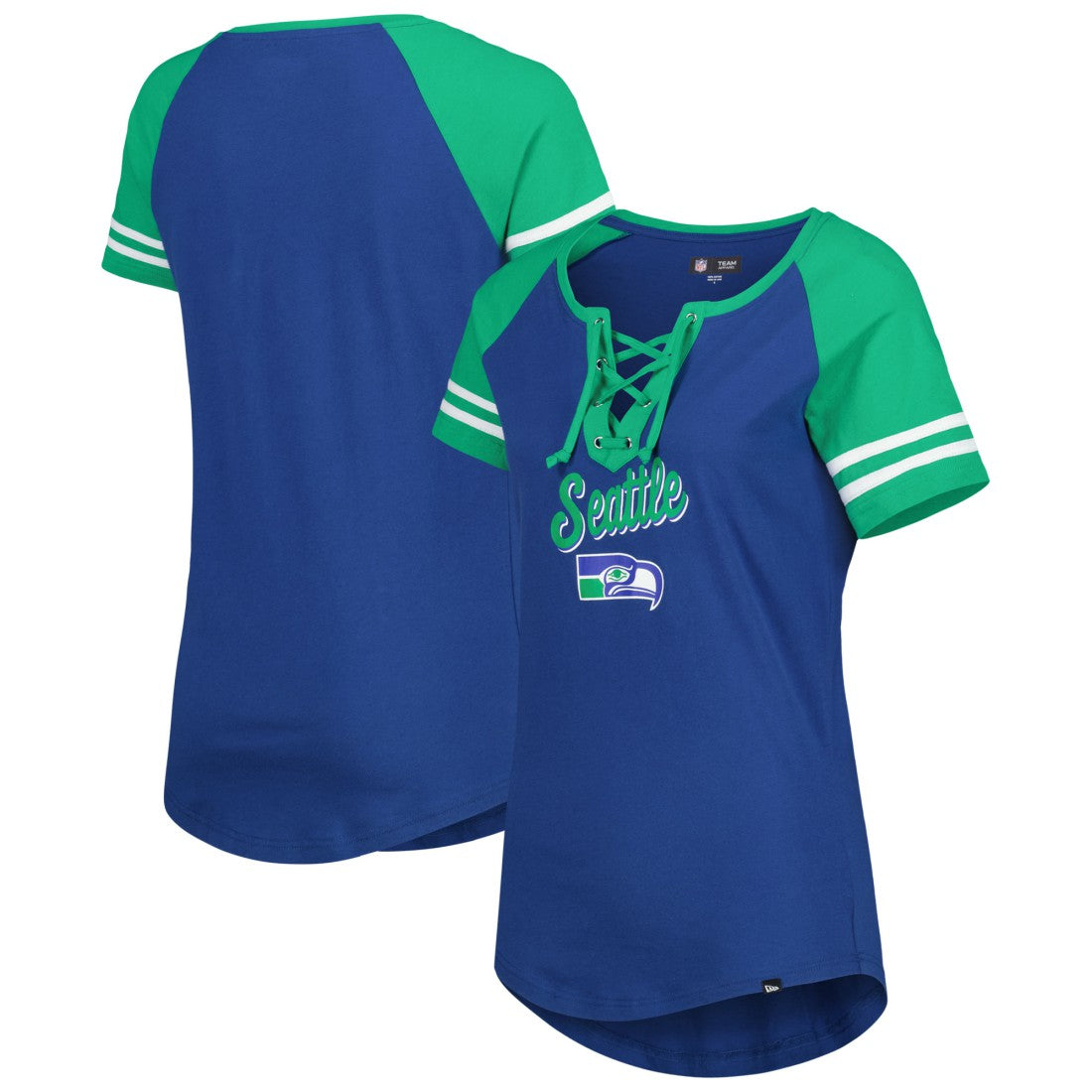 Seattle Seahawks New Era Women's Legacy Lace-Up Raglan T-Shirt Royal/Green | NFL