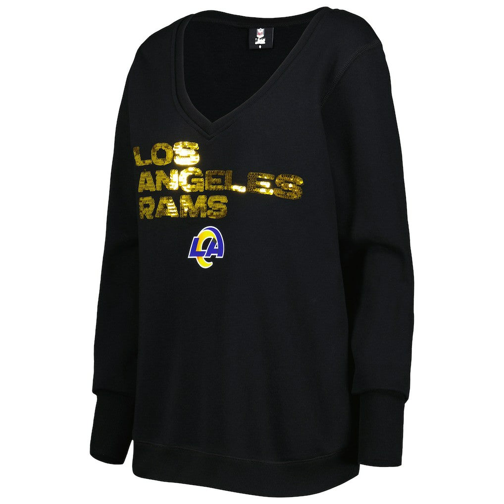 Los Angeles Rams Cuce Women's Sequin Logo V-Neck Pullover Sweatshirt Black | NFL