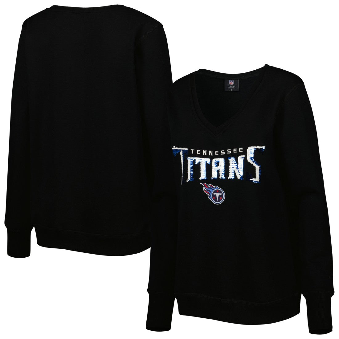 Tennessee Titans Cuce Women's Sequin Logo V-Neck Pullover Sweatshirt Black | NFL