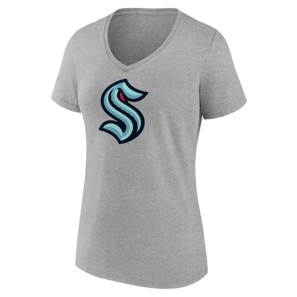 Seattle Kraken Fanatics Women's Primary Logo Team V-Neck T-Shirt - Heathered Gray - NHL