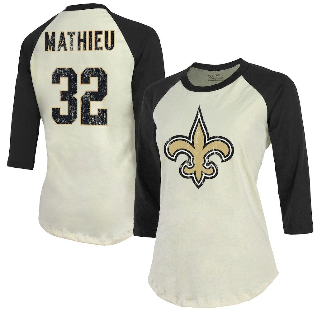 Tyrann Mathieu New Orleans Saints Majestic Threads Women's Player Name & Number Tri-Blend Three-Quarter Sleeve T-Shirt Cream | NFL