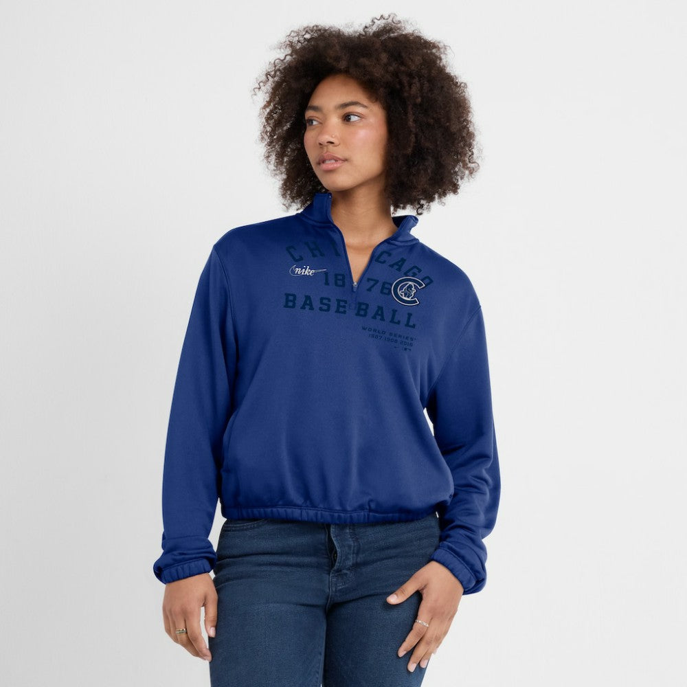 Chicago Cubs Nike Women's Rewind Splice Half-Zip Semi-Cropped Bubble Hem Sweatshirt - MLB