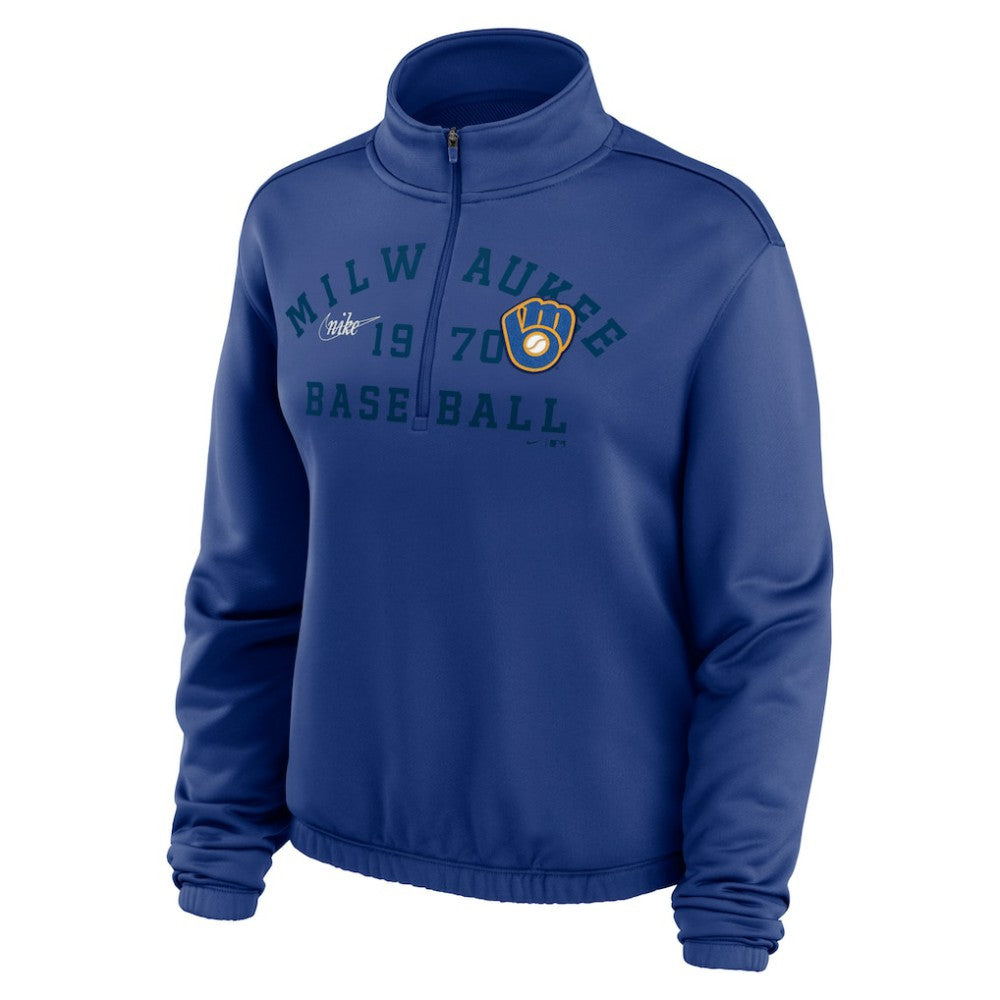 Milwaukee Brewers Nike Women's Rewind Splice Half-Zip Semi-Cropped Bubble Hem Sweatshirt - MLB