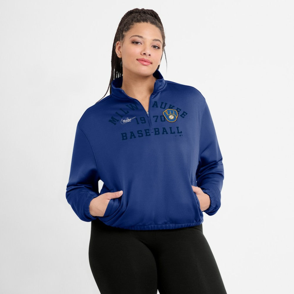 Milwaukee Brewers Nike Women's Rewind Splice Half-Zip Semi-Cropped Bubble Hem Sweatshirt - MLB
