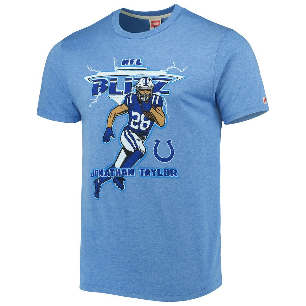 Jonathan Taylor Indianapolis Colts Homage Unisex NFL Blitz Player Tri-Blend T-Shirt Heathered Heather Royal | NFL
