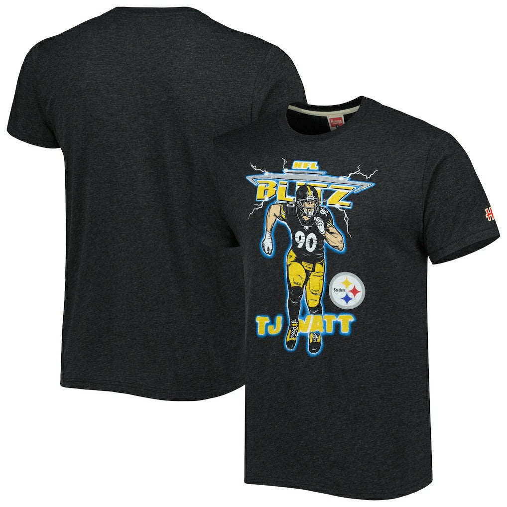 T.J. Watt Pittsburgh Steelers Homage Unisex NFL Blitz Player Tri-Blend T-Shirt Heathered Heather Charcoal | NFL