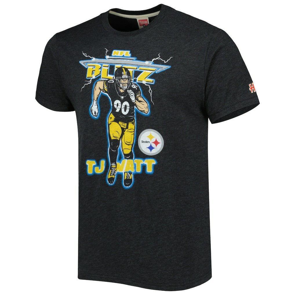 T.J. Watt Pittsburgh Steelers Homage Unisex NFL Blitz Player Tri-Blend T-Shirt Heathered Heather Charcoal | NFL