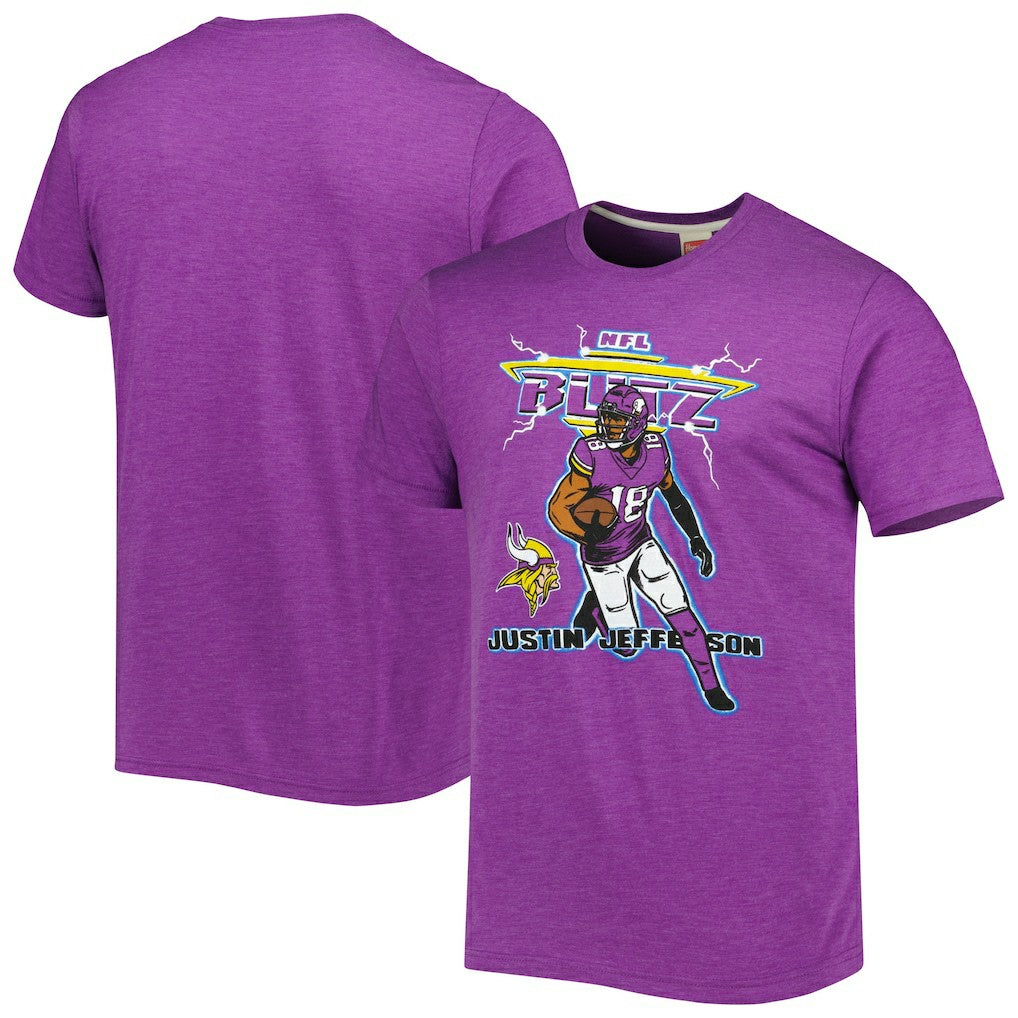 Justin Jefferson Minnesota Vikings Homage Unisex NFL Blitz Player Tri-Blend T-Shirt Heathered Heather Purple | NFL