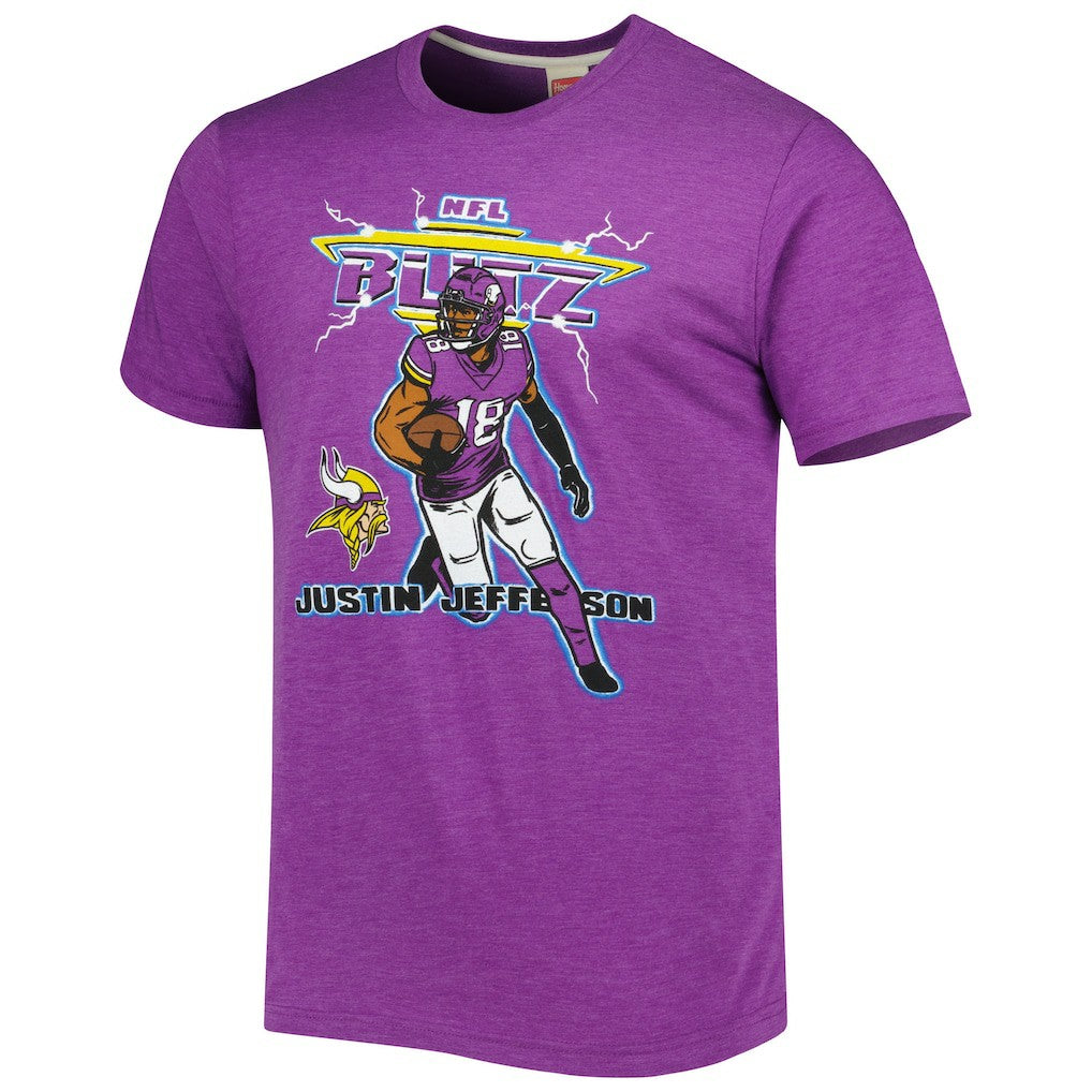 Justin Jefferson Minnesota Vikings Homage Unisex NFL Blitz Player Tri-Blend T-Shirt Heathered Heather Purple | NFL