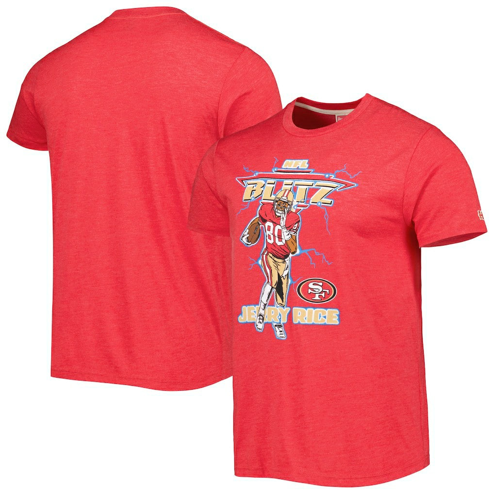 Jerry Rice San Francisco 49ers Homage Unisex NFL Blitz Retired Player Tri-Blend T-Shirt Heathered Scarlet | NFL