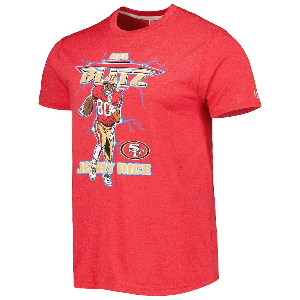 Jerry Rice San Francisco 49ers Homage Unisex NFL Blitz Retired Player Tri-Blend T-Shirt Heathered Scarlet | NFL