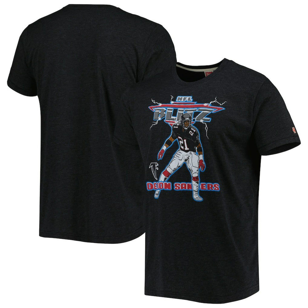 Deion Sanders Atlanta Falcons Homage Unisex NFL Blitz Retired Player Tri-Blend T-Shirt Heathered Heather Black | NFL