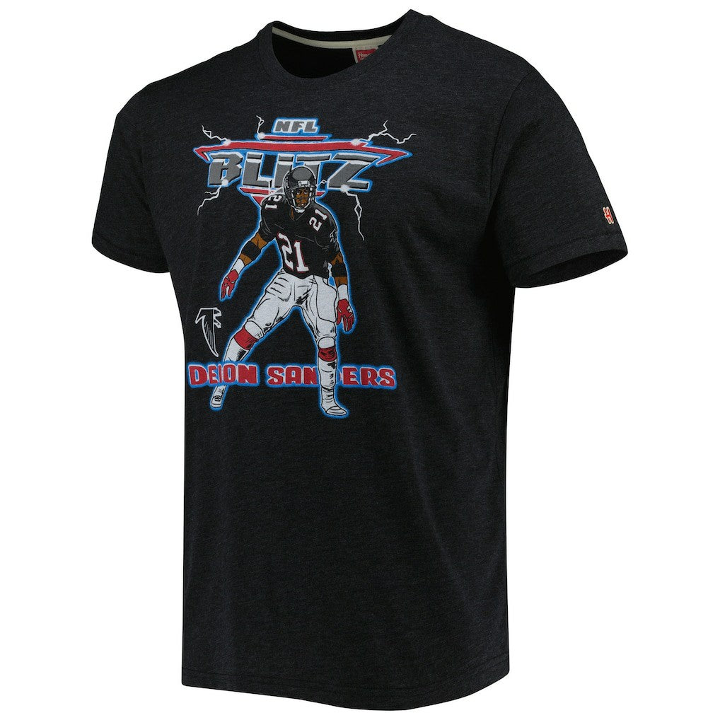 Deion Sanders Atlanta Falcons Homage Unisex NFL Blitz Retired Player Tri-Blend T-Shirt Heathered Heather Black | NFL
