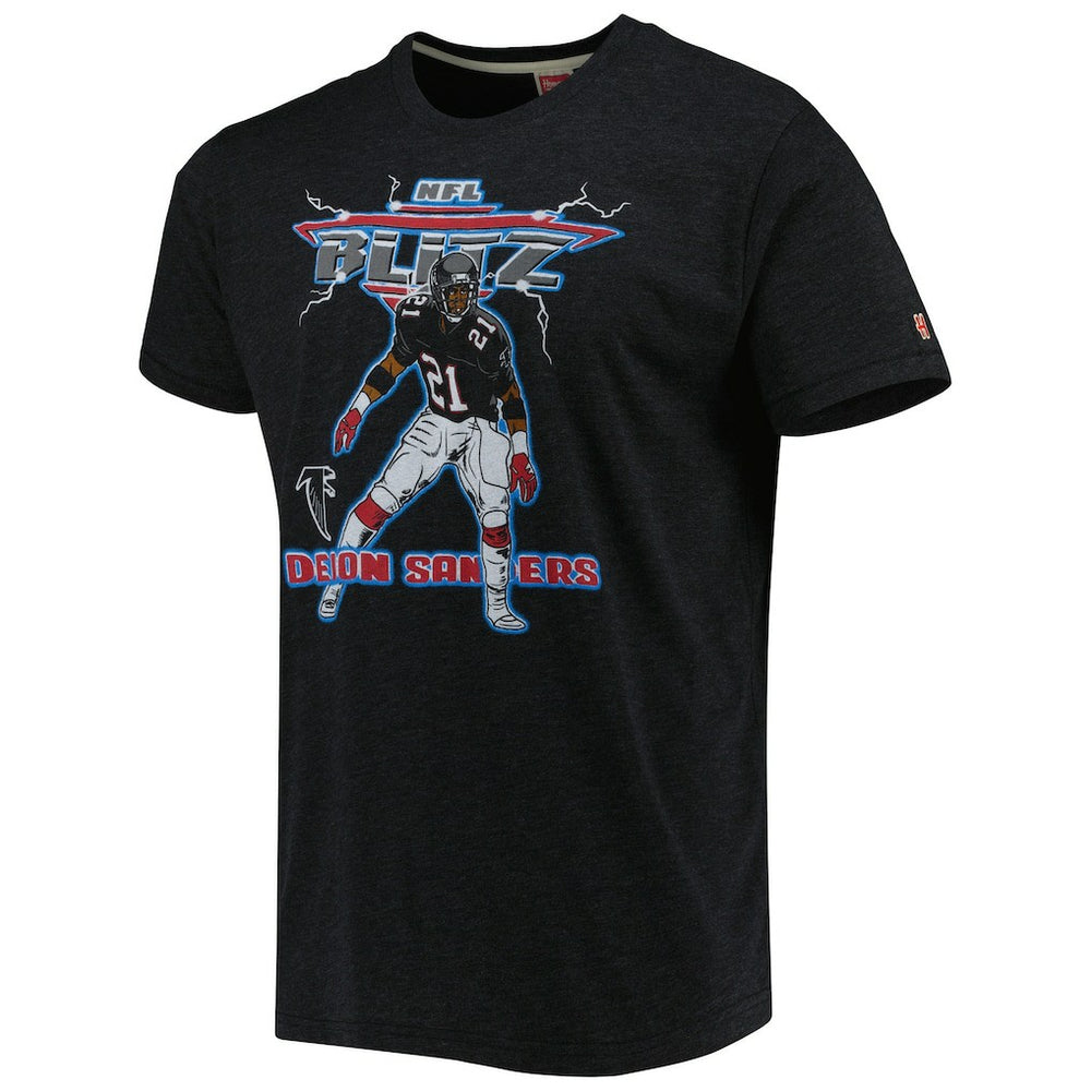 Deion Sanders Atlanta Falcons Homage Unisex NFL Blitz Retired Player Tri-Blend T-Shirt Heathered Heather Black | NFL