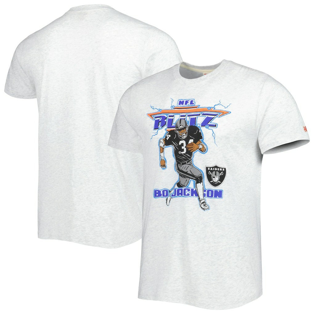 Bo Jackson Las Vegas Raiders Homage Unisex NFL Blitz Retired Player Tri-Blend T-Shirt Heathered Ash | NFL