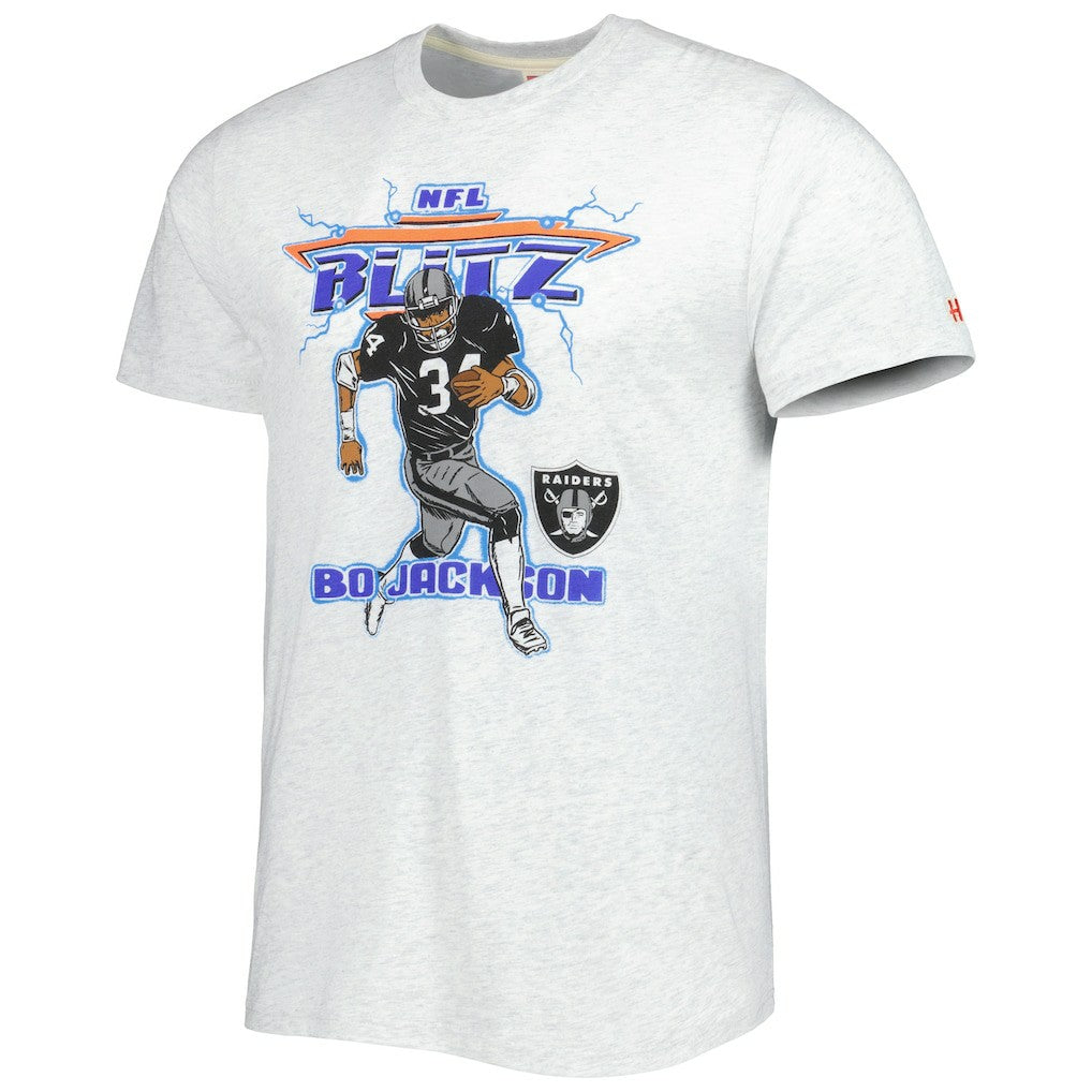 Bo Jackson Las Vegas Raiders Homage Unisex NFL Blitz Retired Player Tri-Blend T-Shirt Heathered Ash | NFL