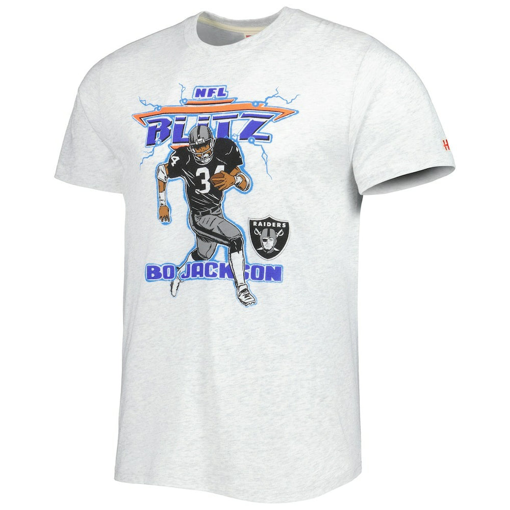 Bo Jackson Las Vegas Raiders Homage Unisex NFL Blitz Retired Player Tri-Blend T-Shirt Heathered Ash | NFL